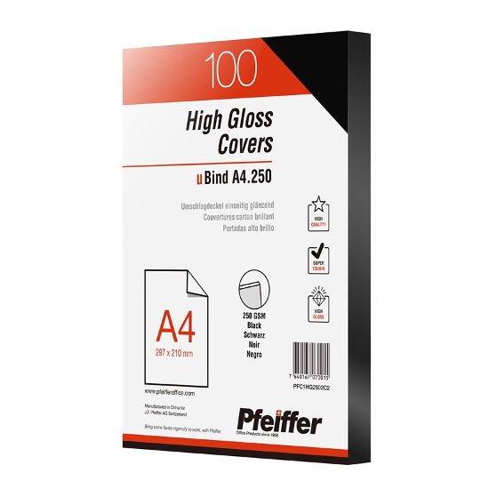 Pfeiffer High Gloss Covers A4 250gsm BLACK (Pkt 100) - Click Image to Close