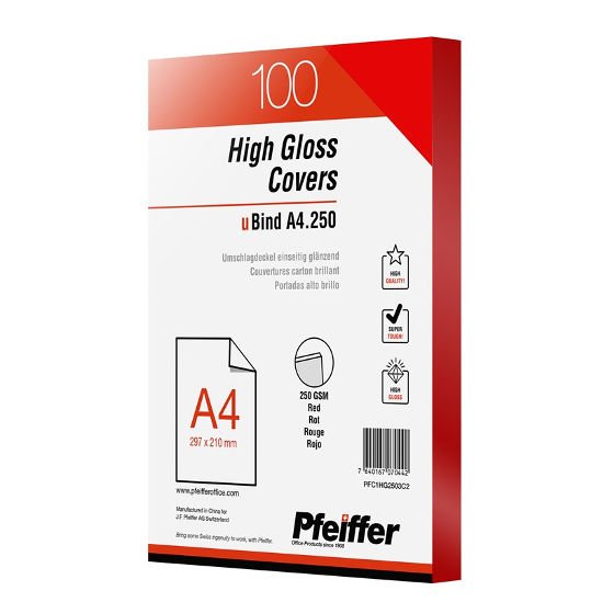 Pfeiffer High Gloss Covers A4 250gsm RED (Pkt 100) - Click Image to Close